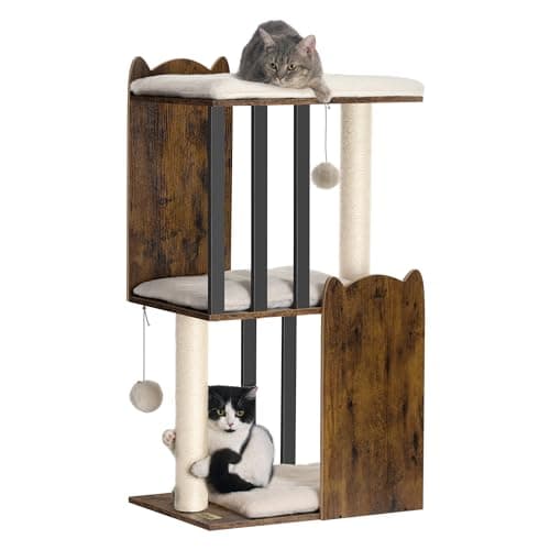 FourFurPets 35.4in 3-Tier Modern Cat Tree Tower Condo, Cat Scratch Posts for Indoor Cats, Big Plate, Two Full Sisal Scratching Posts, Rustic Brown