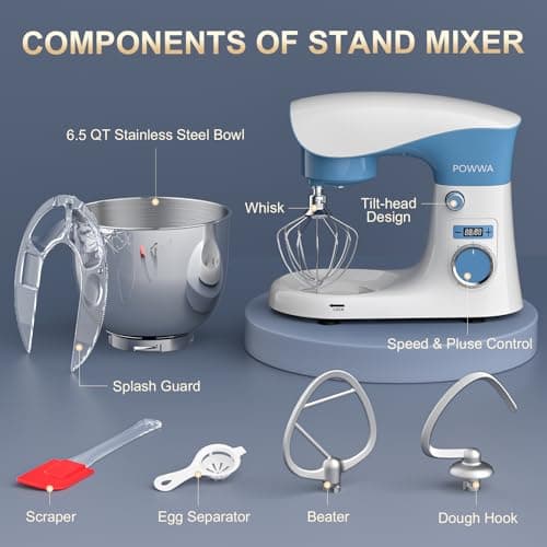 Stand Mixer, POWWA 6.5 QT 10 Speeds Tilt-Head Electric Stand Mixer, 3-In-1 Kitchen Mixer with Bowl, Dough Hook, Whisk and Beater, Food Mixer for Baking and Daily Use (White Blue) 5