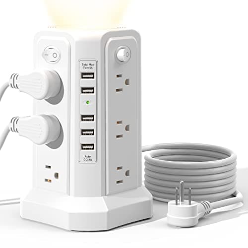 Surge Protector Power Strip Tower with 5 USB Ports and Night Light, 10FT Extension Cord with 12 AC Multiple Outlets, PASSUS Power Tower, Overload Protection for Home Office Dorm Room (White)