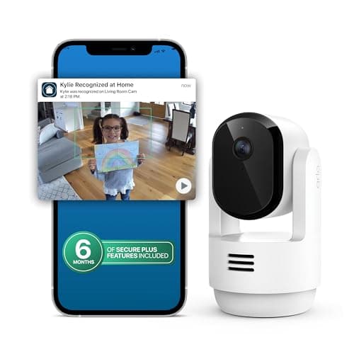 Arlo Essential Indoor Pan Tilt Security Camera 2K (2025 Release) + 6 Months of Secure Plus Plan - Wired Plug-in Power, Person Recognition, Animal Detection, Auto Motion Tracking, 1 Cam, White