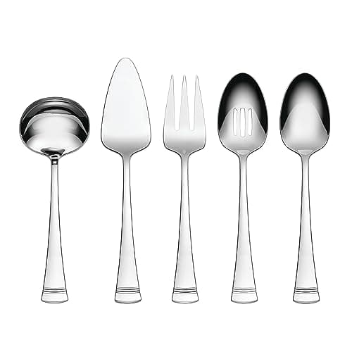 Lenox Silverware Serving Utensils Sets, Portola 5-Piece Hostess Set, Flatware Set, 18/10 Stainless Steel, Serving Spoons Fork Ladel & Pie Server, Mirror Finish Dishwasher Safe (Silver 5 Piece)