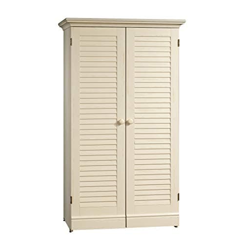 Sauder Harbor View Craft and Sewing Armoire with Table/ Pantry cabinets, Antiqued White finish