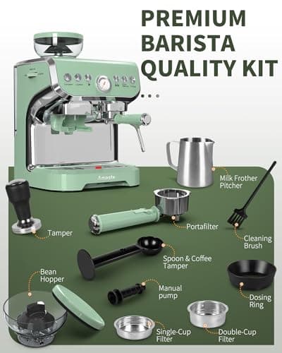 Amaste Espresso Machine with Grinder, 15 Bar Espresso Machine with Steam Wand for Latte and Cappuccino, 68Oz Water Tank, Pre-Infuse Brewing, Espresso Coffee Maker for Home Use, Barista Kit, Green 7