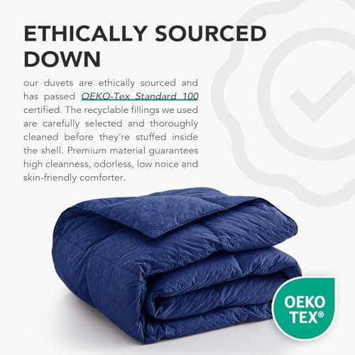 Dreamhood Luxury 90% Goose Feathers Comforter Oversized Queen Size, All Season 100% Cotton Down Duvet Insert, Retro Decoration Medium Warmth Hotel Bed Comforter with 8 Corner Tabs (Navy,98x98 Inches) 5