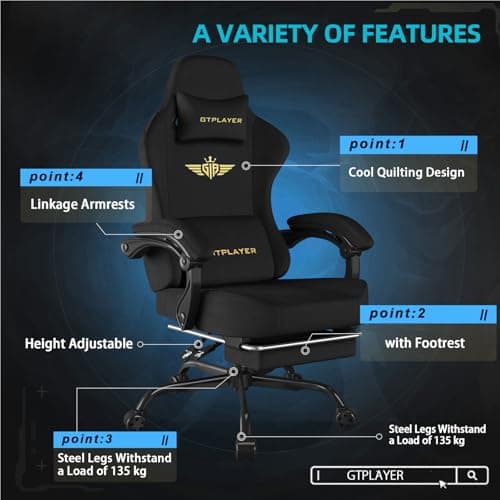 GTPLAYER Gaming Chair Fabric with Pocket Spring Cushion, Big and Tall Gamings Chairs 350LBS High Back Computer Chair with Footrest for Adults Lumbar Support Swivel Game Chair for Office Light Black 5