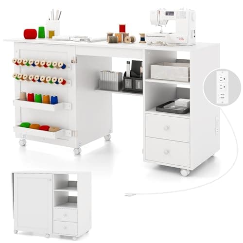 Giantex Folding Sewing Table with Charging Station, Rolling Craft Table with Storage Shelves and Drawers, 18 Pegs, 2 Trays, Foldable Sewing Machine Cabinet with 6 Lockable Wheels, White