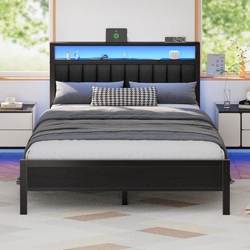 Furnulem Queen Size Bed Frame with Charging Station and LED Lights, Platform Bed with Metal Slats, Grey Upholstered Headboard with 2-Tier Storage Shelves, No Box Spring Needed