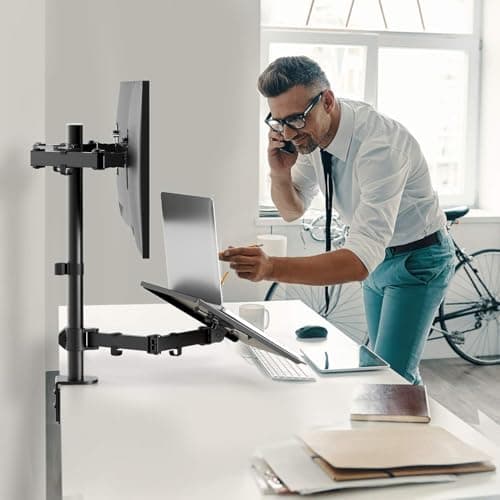 HUANUO Laptop Mount, Height Adjustable Dual Monitor Mount with Laptop Keyboard Tray Fit Two 13 to 27 Inch Flat Curved Computer Screens and 10 to 17 Inch Notebooks 7