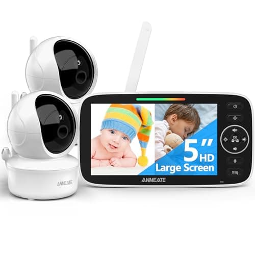 ANMEATE Baby Monitor with 2 Cameras, 5" 720P HD Split Screen, 30 Hours Battery Life Baby Monitor with Camera and Audio|Remote PTZ, Two-Way Audio, Zoom, Night Vision, Lullabies, 960ft Long Range