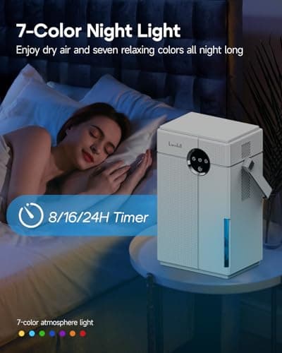 Lacidoll Small Dehumidifier with Drain Hose, 118oz Portable Dehumidifier for RV Camper Bathroom Bedroom Basement Laundry Room, Quiet Dehumidifiers for Home up to 800 sq ft, 7 Colorful Light, White 7