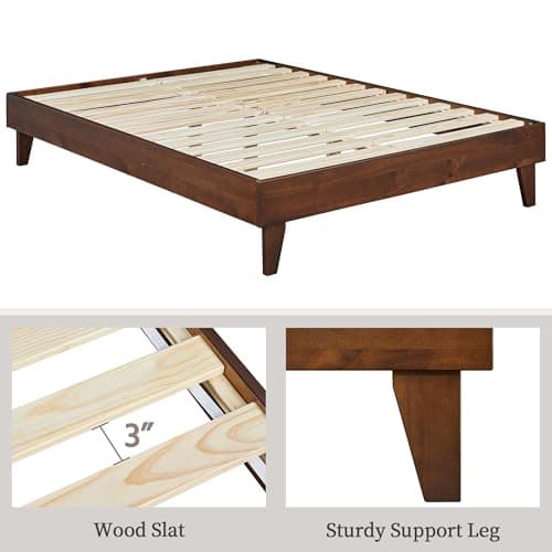 Yaheetech Full Bed Frame Deluxe Natural Solid Pine Wood Platform Bed, Reserved Holes for DIY Headboard/Wooden Slats Support/7.5 inch Clearance Space/No Noise/Easy Assembly, Smoked Walnut Full Bed 7
