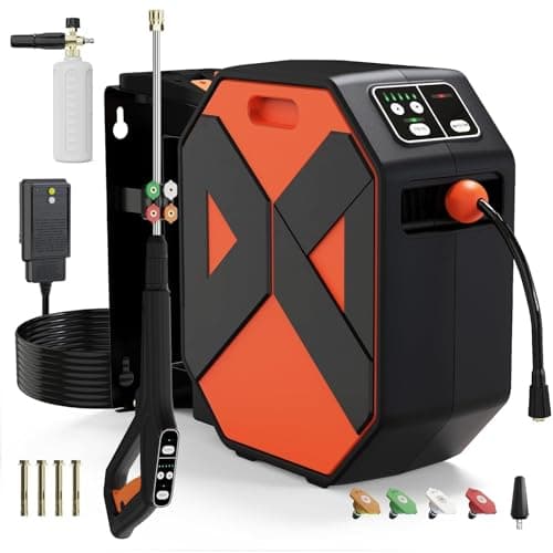 Buyplus Wall Mounted Pressure Washer, 5500PSI 3.8GPM Electric Power Washer, Remote Controlled with 100FT Retractable Hose, GFCI Power Cord, Foam Cannon, 5 Nozzles for Cars, Driveways, Patios, Orange