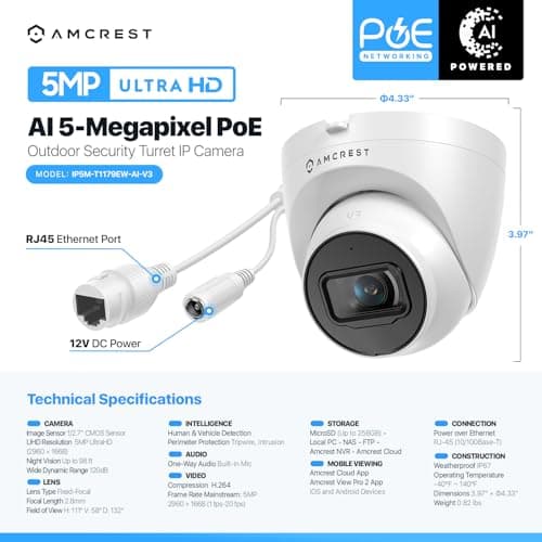 Amcrest 5MP Turret POE Camera, UltraHD Outdoor IP Camera POE with Mic/Audio, 5-Megapixel Security Surveillance Cameras, 98ft NightVision, 132° FOV, MicroSD (256GB), (IP5M-T1179EW-AI-V3) 7