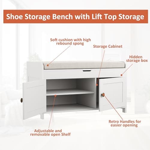 HOMEFORT 30" Shoe Bench with Lift Top Storage, Entryway Bench with Cushioned Seat, Wooden End of Bed Bench, Shoe Cabinet Bench with Hidden Storage Space, for Bedroom, Hallway,White 9