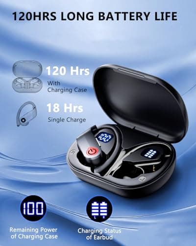 EUQQ Ear Buds Wireless Bluetooth Earbuds, Noise Cancelling Headphones 120H Playtime，IPX7 Waterproof Sports with Earhooks,LED Display Wireless Earphones for Running Gym Workout-Black 6