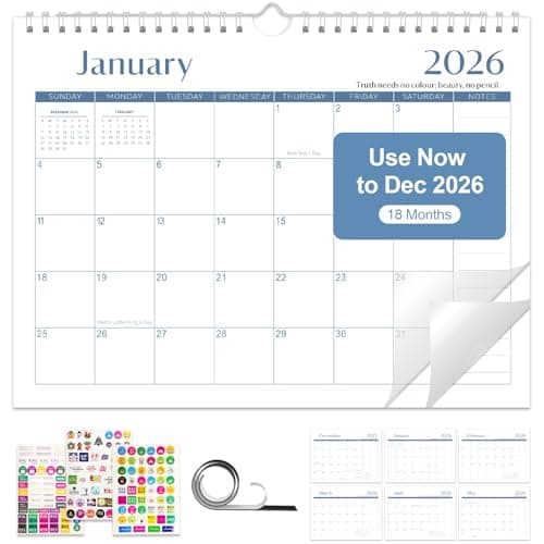 Gannyfer 2026 Wall Calendar, 18-Month Calendar 2025-2026, Use Now Until Dec 2026, Large Wall Calendar 2026, 11" x 8.5" Magnetic Fridge Wall Planner for Your Family, School or Office (3 Stickers Included)
