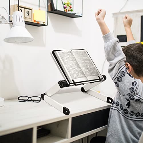 Adjustable Book Stand,Durable and Lightweight Aluminum Book Holder Stand with 2 Flexible Paper Clips,Ergonomic Book Holder for Tablets, Magazines, Documents 6
