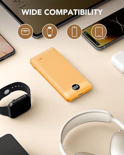 VRURC Portable Charger Built-in Cables and AC Wall Plug, USB C Power Bank 10000mAh, Travel Battery Phone Charger Compact Lightweight External Battery Pack for Smart Phones, Tablets etc-Orange 7