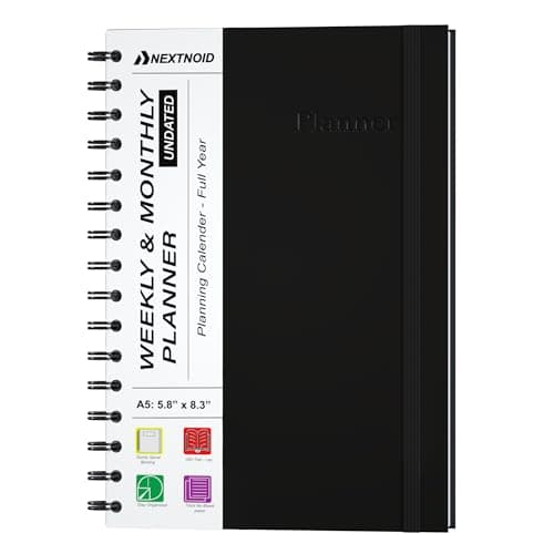 Undated Monthly and Weekly Planner - 12 Month Calendar Planner Notebook with Week Days - Hardcover Undated Planners Blank Agenda Book - A5 Black