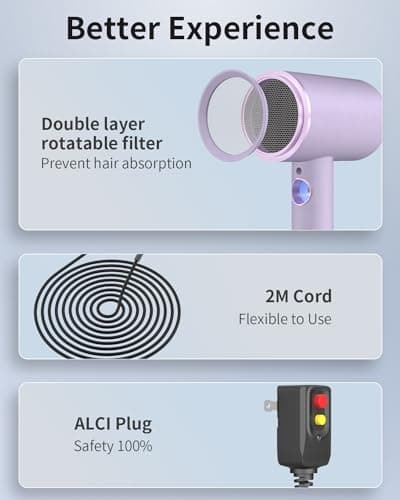 Dxliwky Professional Hair Dryer,1875 Watt High-Speed Ionic Blow Dryer with Diffuser/Concentrator/Comb Nozzle,LED Temp Display,Intelligent Temp Control,Low Noise for Home Salon Travel (Purple) 7