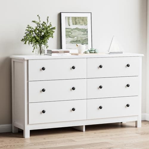 HOUROM White Dresser, Modern 6 Drawer Double Dresser for Bedroom with Black Knobs, Adults & Kids Wide Dressers & Chests of Drawers for Hallway, Entryway
