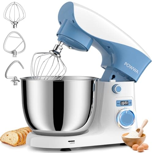 Stand Mixer, POWWA 6.5 QT 10 Speeds Tilt-Head Electric Stand Mixer, 3-In-1 Kitchen Mixer with Bowl, Dough Hook, Whisk and Beater, Food Mixer for Baking and Daily Use (White Blue)