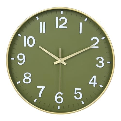 HZDHCLH Wall Clocks Battery Operated,Wall Clock Green Gold,8 inch Wall Clock Silent Non Ticking Modern 3D Numbers for Kitchen Bedroom Living Room Office Classroom Decor