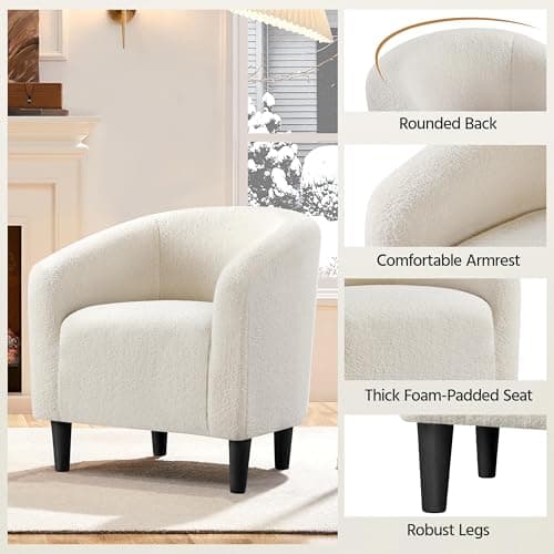 Yaheetech Accent Barrel Chair, Boucle Fabric Club Chair, Furry Sherpa Elegant Armchair with Cozy Soft Padded, Suitable for Living Room Bedroom Reception Room Office, Ivory 7