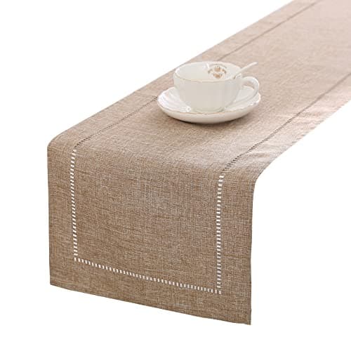 Tosewever Decorative Linen Table Runner Farmhouse Style Tabletop Collection 14 x 108 Inches Table Runners for Everyday Dining Wedding Party Holiday Home Decor (14" x 108", Light Coffee/Straight)