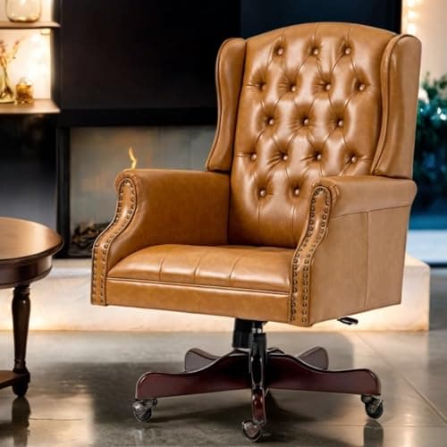ECOTOUGE Tufted Office Chair, Faux Leather Executive Desk Chair w/High Back & Nail Head Trim, Ergonomic Wingback PC Chair for Home, Office and Living Room, Brown 6