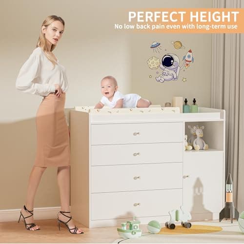 QUNTTINA Nursery Dresser Changing Table Dresser with Changing Table Top Baby Diaper Changing Station with 5 Drawers for Infants Chest Storage Changing Station Nursery Organizer,White 5