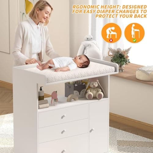 GOFEI Baby Changing Table Dresser with Wide Tabletop, 3 Drawers & Open Storage Space, Baby Dresser with Changing Table Top, Perfect for Baby Bedrooms & Nurseries 6
