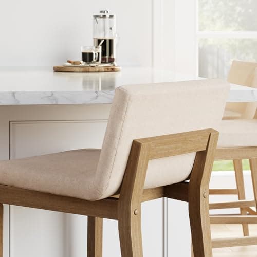 Nathan James Gracie Modern Counter Height Bar Stool with Back, Counter Stool Upholstered Chair with Natural Flax White Fabric and Brushed Wooden Legs, Natural Flax/Brown, Set of 4 6