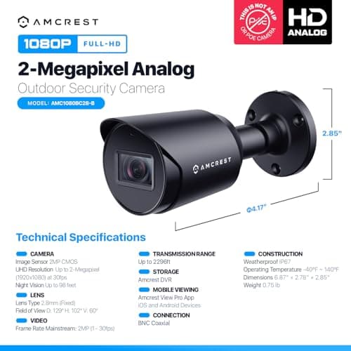 Amcrest Full HD 1080P Bullet Outdoor Security Camera (Quadbrid 4-in1 HD-CVI/TVI/AHD/Analog), 2-Megapixel, 98ft Night Vision, Metal Housing, 3.6mm Lens 90° Viewing Angle, Black (AMC1080BC36-B) 5