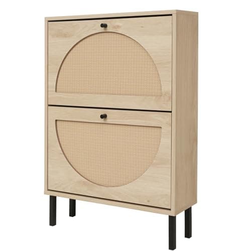 ZeHuoGe Rattan Shoe Cabinet with 2 Flip Drawers, Modern 2-Tier Shoe Rack Storage Cabinet for Heels, Slippers, Free Standing Shoe Rack, Entrance Hallway (Natural)