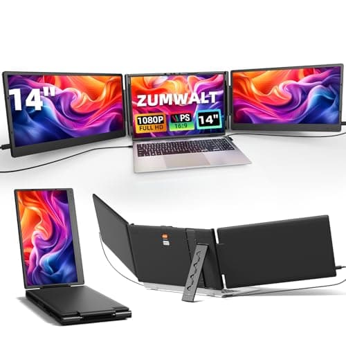 ZUMWALT Laptop Screen Extender, 14" Triple Portable Monitor for Laptop, 1080P FHD Screen Extender Monitors for 13"-16.5", Monitor Extender for MacOS/Windows/Chrome (Built-in Speakers)