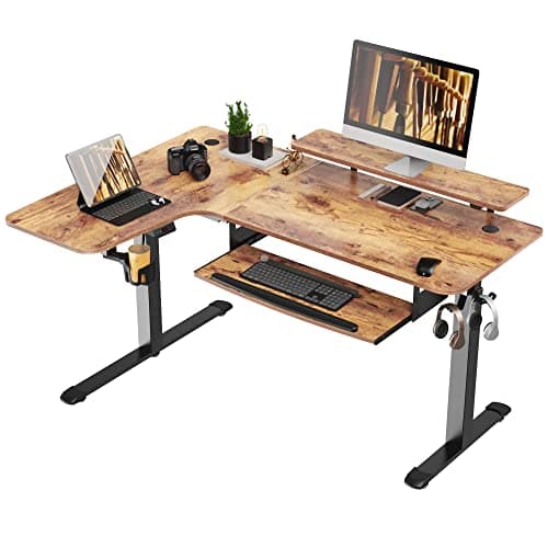 EUREKA ERGONOMIC Standing Desk with Keyboard Tray, Computer Desk, 61" L Shaped Electric Adjustable Height Desk w Monitor Stand LED, Corner Sit Stand Desk Gaming Desk, Dual Motor,Left/Rustic Brown