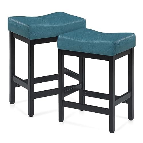 KATDANS Bar Stools,24''Counter Height Saddle Stools,Upholstered PU Leather for Kitchen Island,Mid Century Modern Backless Barstools with Metal Base,Teal,2Pcs,Black With Teal Cushion(KS861P-GR-2Pcs)