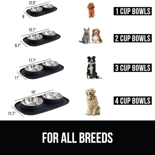 GORILLA GRIP Feeding Mat Bowl Set, 100% Waterproof BPA Free Silicone Base, 304 Stainless Steel Cat and Dog Bowls for Food and Water, Slip Resistant, High Edge, US Designed, Patent Pending, 2 Cup Black 6