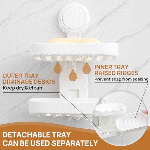 LEVERLOC Soap Dish Holder for Shower, Double Layer Suction Cup Wall Mounte Self Draining Removable Waterproof Strong Suction Bar Soap Holder for Shower, White 10