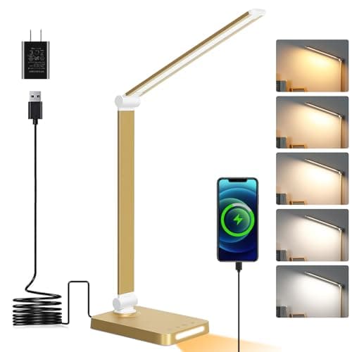 LED Desk Lamp with USB Ports,Touch Desk Lamps for Home Office with 5 Color Modes,3 Brightness Desk Light with Small Night Light,Reading Lamp Table Lamp for Bedroom Bedside Study Gold （with Adapter）