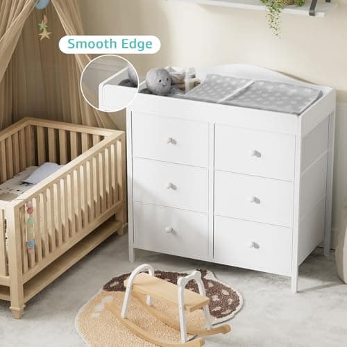 BOLUO Changing Table Dresser with 6 Fabric Drawers, Baby Dresser with Changing Table Top Diaper Changing Station with Storage for Nursery Modern 5