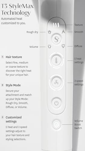 T3 Featherweight StyleMax Professional Ionic Hair Dryer with Custom Heat Automation & 4 Attachments, Fast Drying, Lightweight with 5 Heat & 3 Speed Settings, 2 Concentrators, Diffuser & Smoothing Comb 5