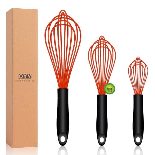 OYV Red Silicone Whisk, Sealed Waterproof Design Set of 3, Professional Kitchen Whisks for Cooking Non-Scratch, Silicone & Stainless Steel Whisk, Heat Resistant 480°F Balloon Egg Beater