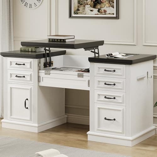 Farmhouse 57" Lift Desktop Executive Desk with 6 Drawers and Charging Station, Wood Home Office Computer Desk with File Cabinet Storage, Keyboard Tray,Headphone hook for Work,Study, Antique White