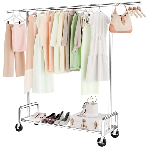 Simple Trending Heavy Duty Clothing Clothes Rack with Wheels for Hanging, Metal Rolling Garment Rack Organizer Load 500 LBS, Chrome