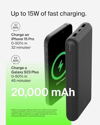 Belkin Portable Charger, USB-C Power Bank 20000 mAh w/ 2 USB-A Ports, 15W w/ Type-A to Type-C Cable - iPhone 17, Air, Pro, Pro Max, AirPods, Apple Watch, Samsung Galaxy S25, Google Pixel 10 - Black 7