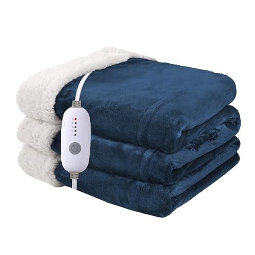 Heated Blanket Electric Throw Size 50''x60'' with 5 Heating Levels, 3 Hour Auto Shut Off, Machine Washable, Flannel & Sherpa Double-Sided Soft Warming Blanket for Couch, Bed, Office - Navy Blue