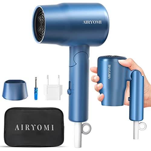 AIRYOMI Portable Travel Hair Dryer Dual Voltage, Lightweight Small Blow Dryer with EU Plug, 1875W Compact Hairdryer with Folding Handle, Concentrator Attachment Hair Dryer for Women Men (Blue)