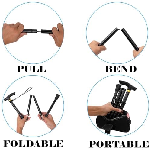 Comfkey Folding Lightweight Walking Stick - Adjustable Aluminum Metal Collapsible Travel Cane with Non-Slip Rubber Base (Black) 5